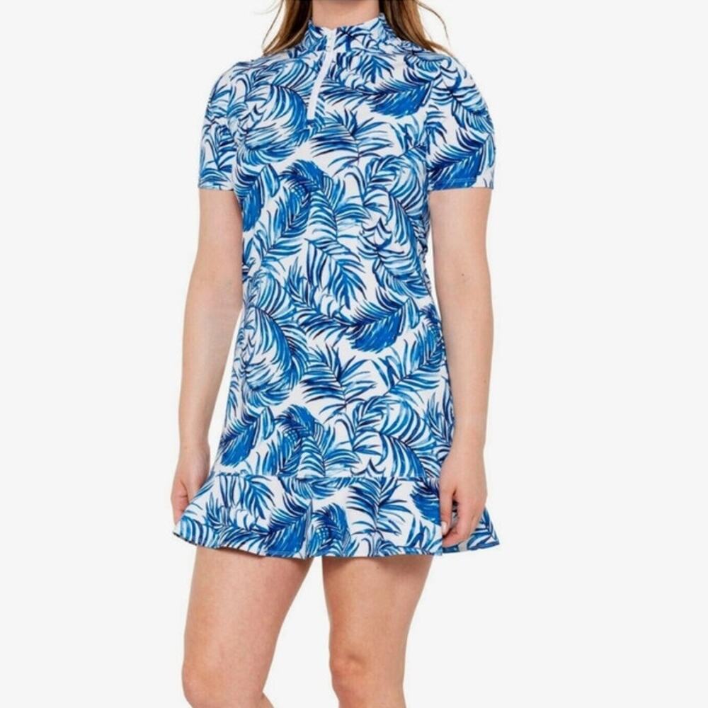 NWT Tommy Bahama Golf Dress Large Blue White Palm Tropical Floral Quarter Zip